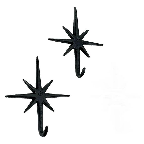 Set of 2 Black Finish Cast Iron 8-Pointed Atomic Starburst Wall Hooks - Picture 3 of 6